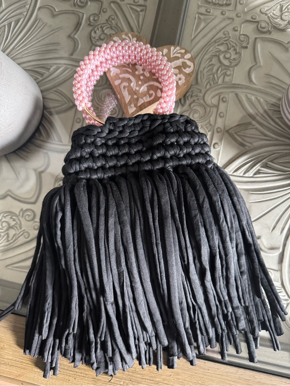 Bonita Bolso Black Fringe Mini Bag with Pink Beaded Handle by Yvonne
